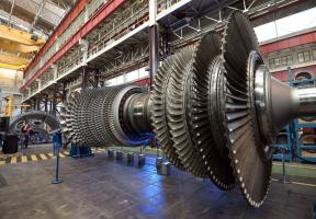 Photo of a huge General Electric gas turbine at the company's plant in Belfort, France.