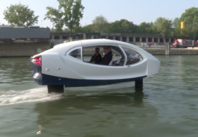 Photo of a taxi flying on the Seine in Paris.