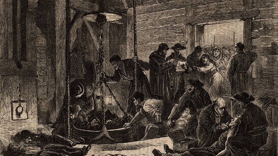 Dessin en noir et blanc illustrant des morts et de blessés remontés à la surface après la catastrophe du puits de charbon de Jabin, Treuil, Saint-Etienne, France. 