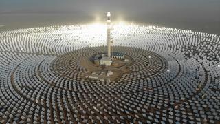 Aerial view of the 100-megawatt molten salt solar power concentrated solar power (CSP) plant in Dunhuang city