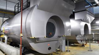 Photo of two gas-fired boilers, which contribute to the production of heat and electricity in the district heating network in Le Mans, western France.