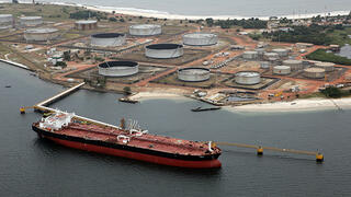 A tanker being loaded at the Port-Gentil oil terminal in Gabon.