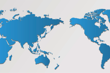 Seen from the Pacific Ocean, the world map shows the 21st century's two superpowers: the Unites States and China.